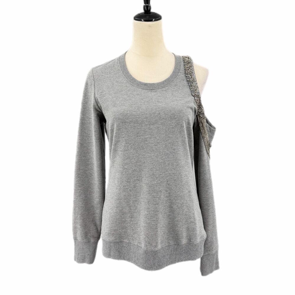 Boston Proper Gray Silver Beaded Embellished Cold Shoulder Sweatshirt Pullover